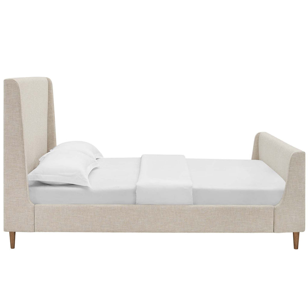 Aubree Queen Upholstered Fabric Sleigh Platform Bed in Beige