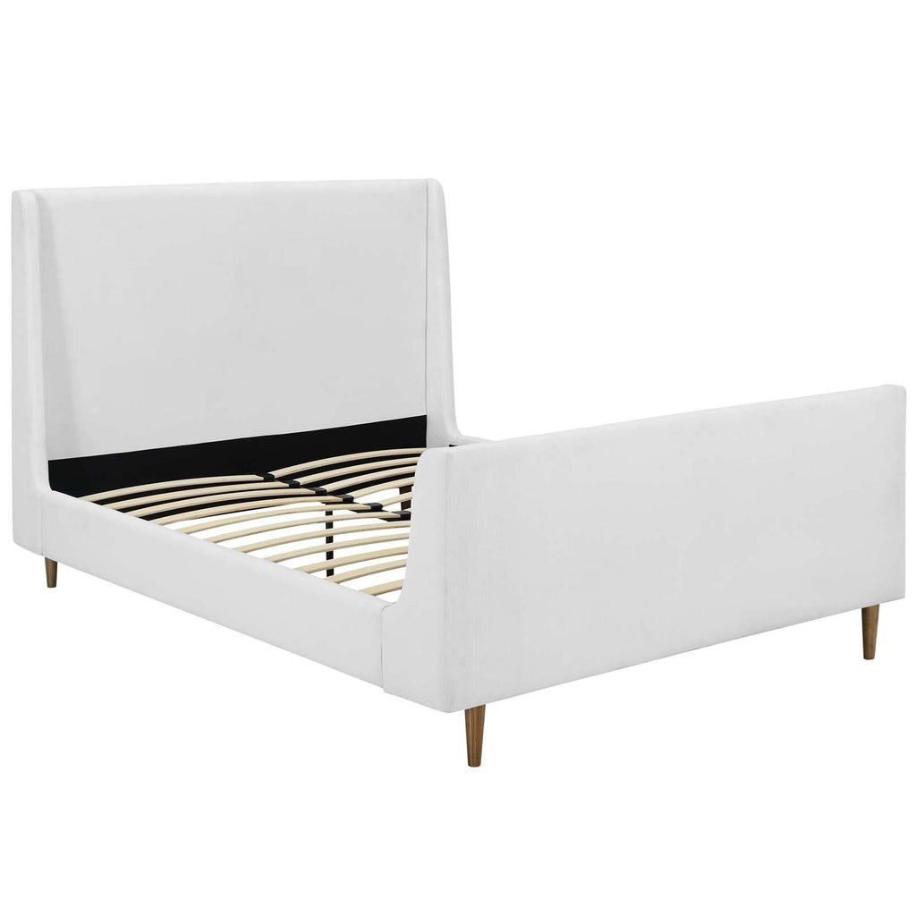 Aubree Queen Upholstered Fabric Sleigh Platform Bed in White