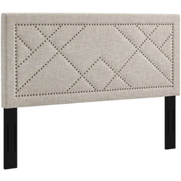 Reese Nailhead Full / Queen Upholstered Linen Fabric Headboard in Beige