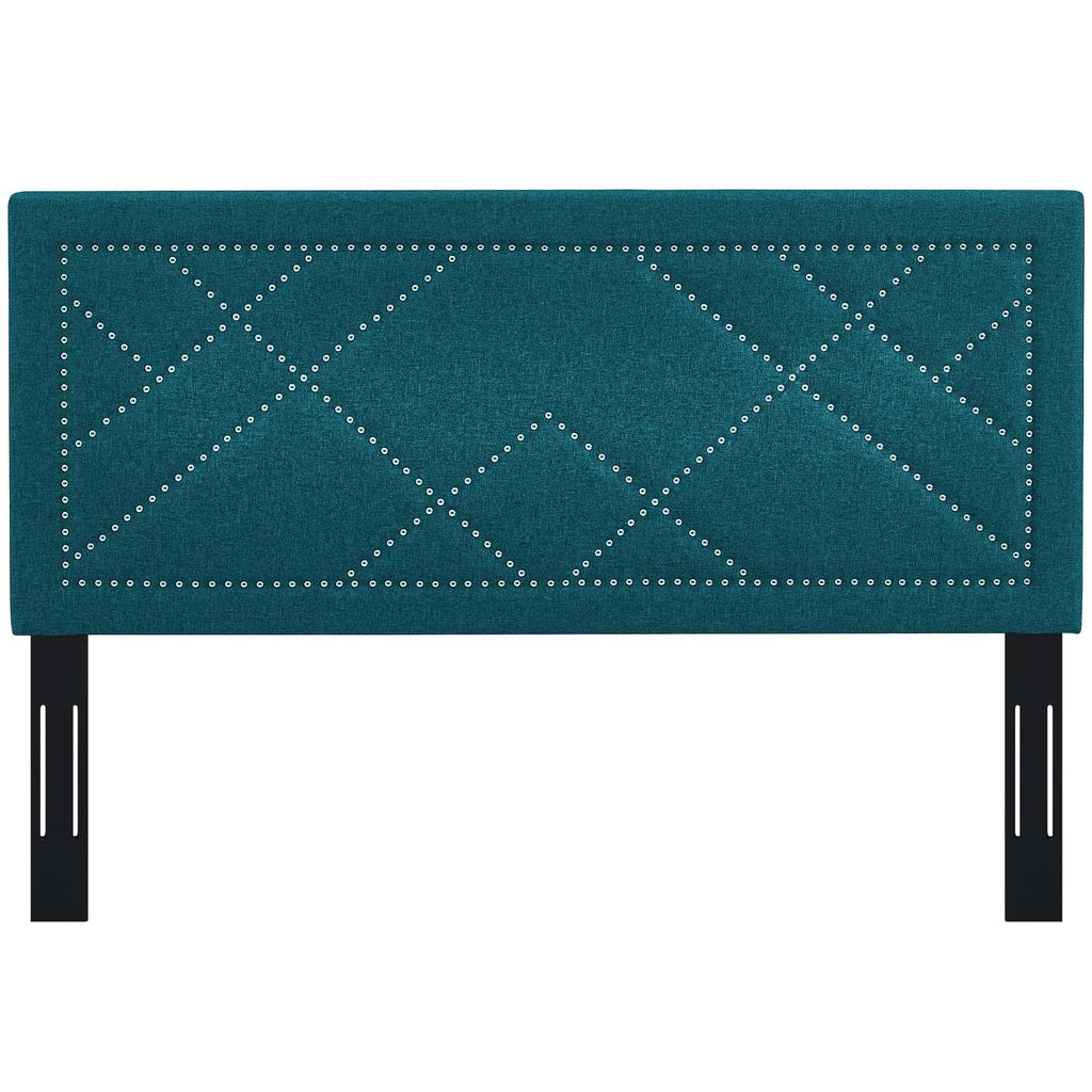 Reese Nailhead Full / Queen Upholstered Linen Fabric Headboard in Teal