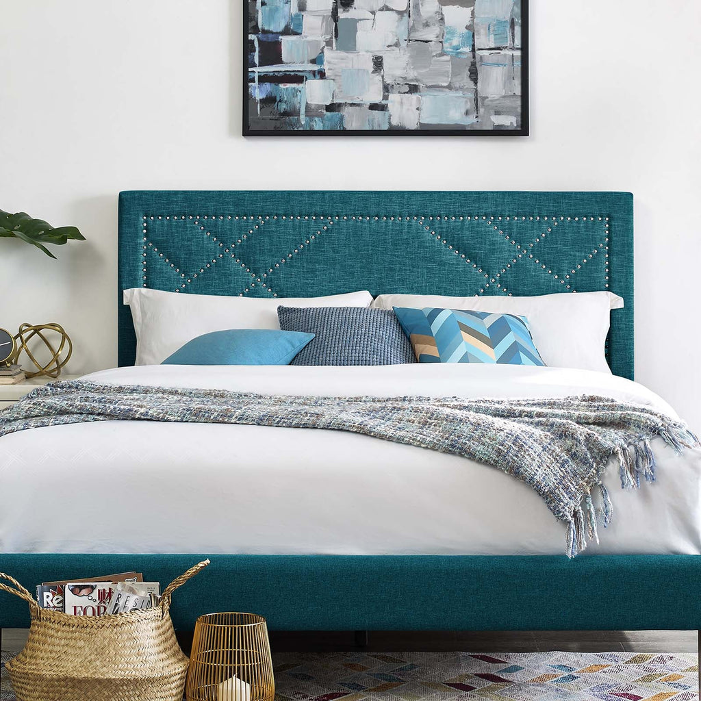 Reese Nailhead Full / Queen Upholstered Linen Fabric Headboard in Teal