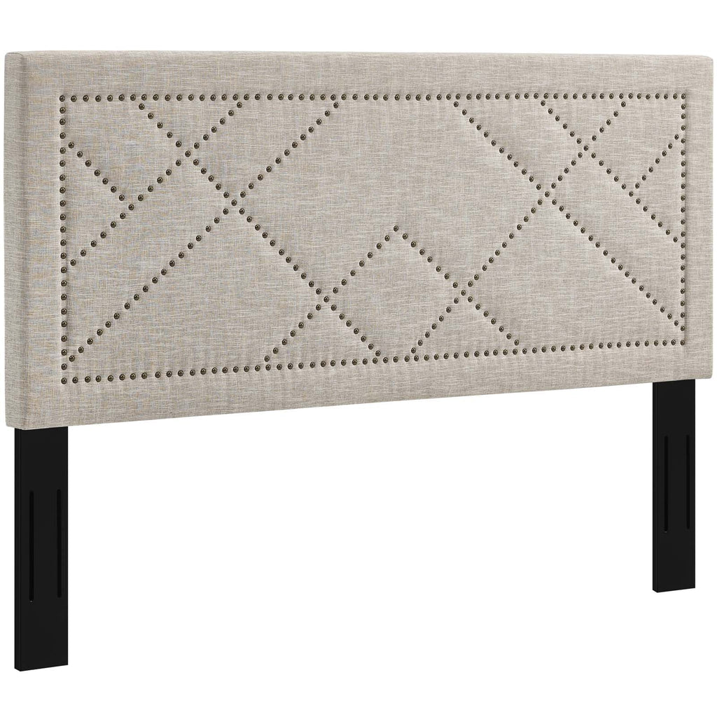 Reese Nailhead King and California King Upholstered Linen Fabric Headboard in Beige