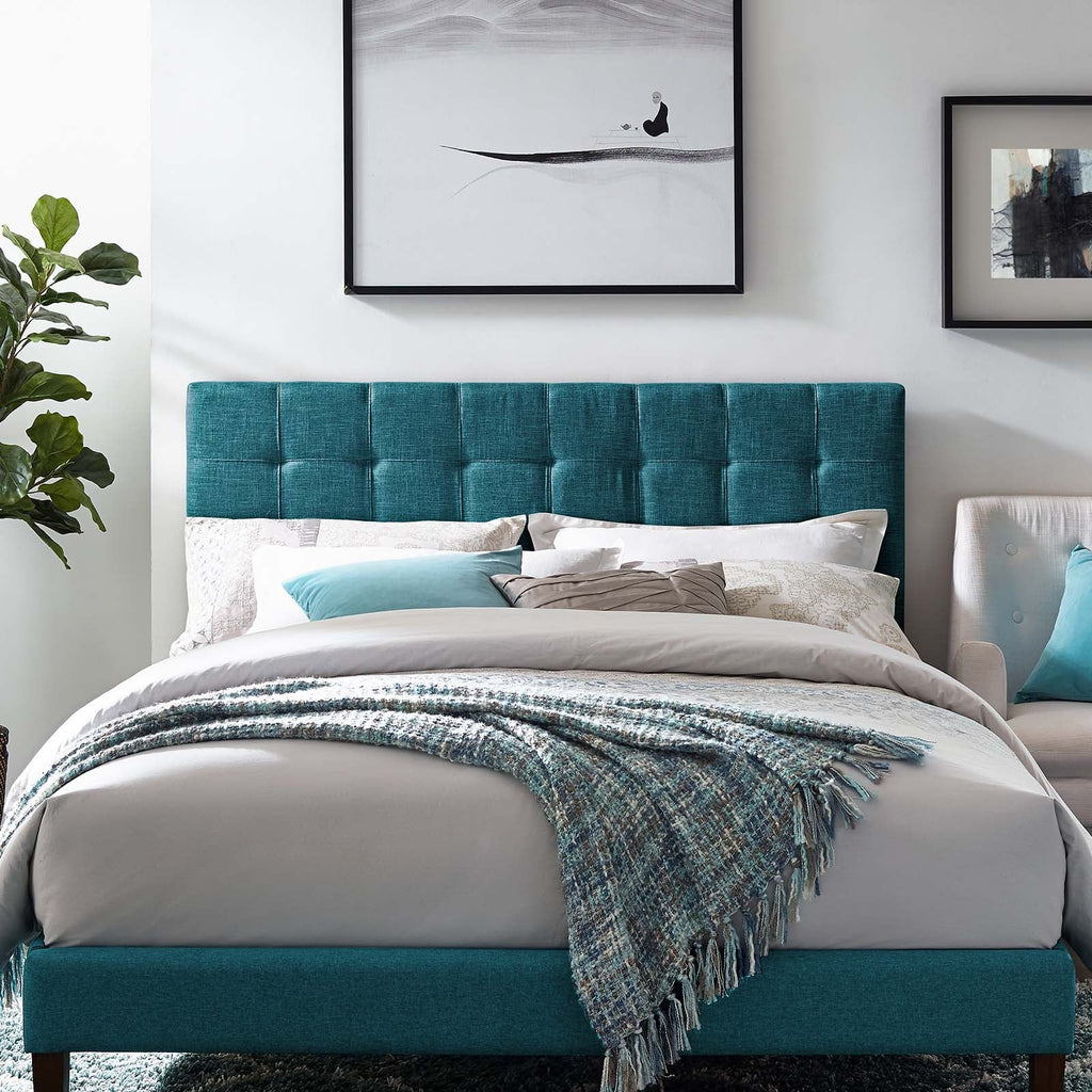 Paisley Tufted Twin Upholstered Linen Fabric Headboard in Teal