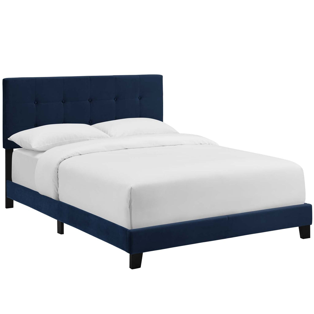 Amira King Performance Velvet Bed in Midnight Blue