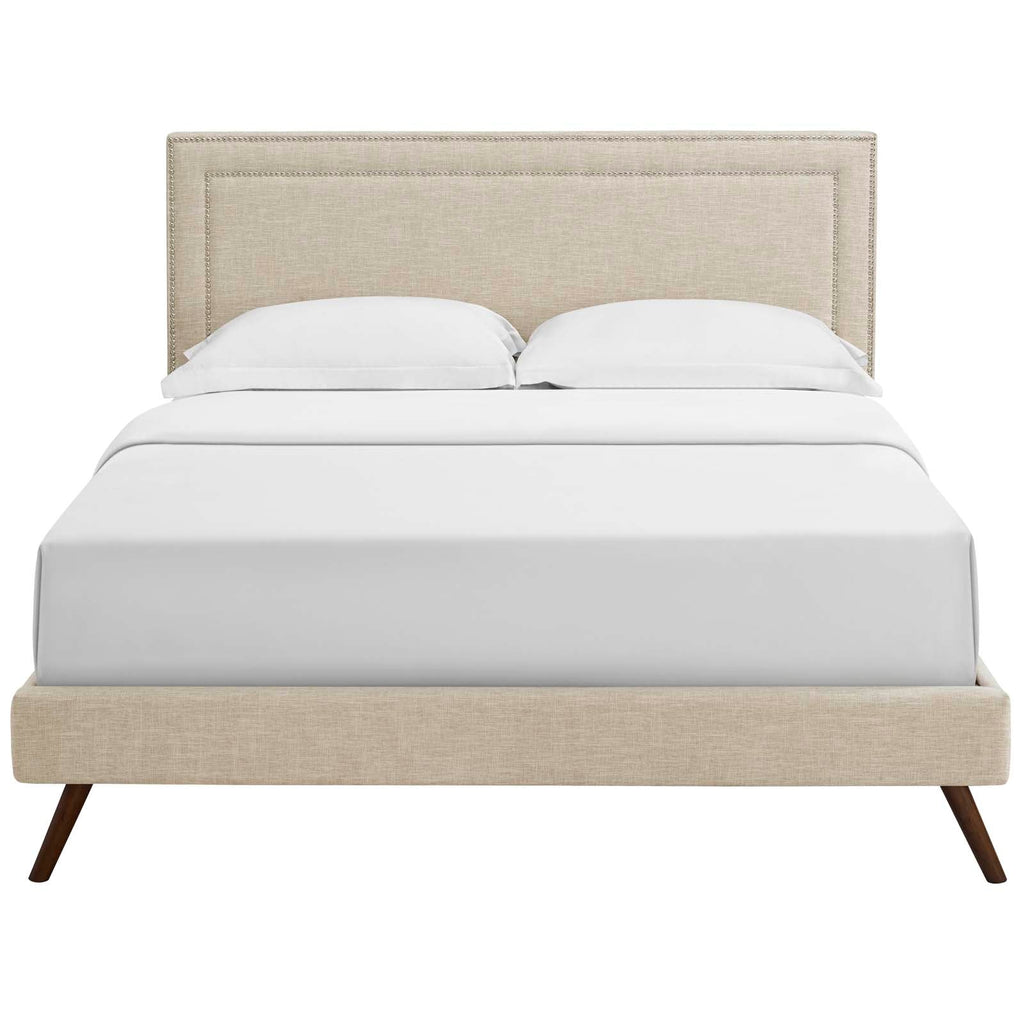 Virginia Full Fabric Platform Bed with Round Splayed Legs in Beige
