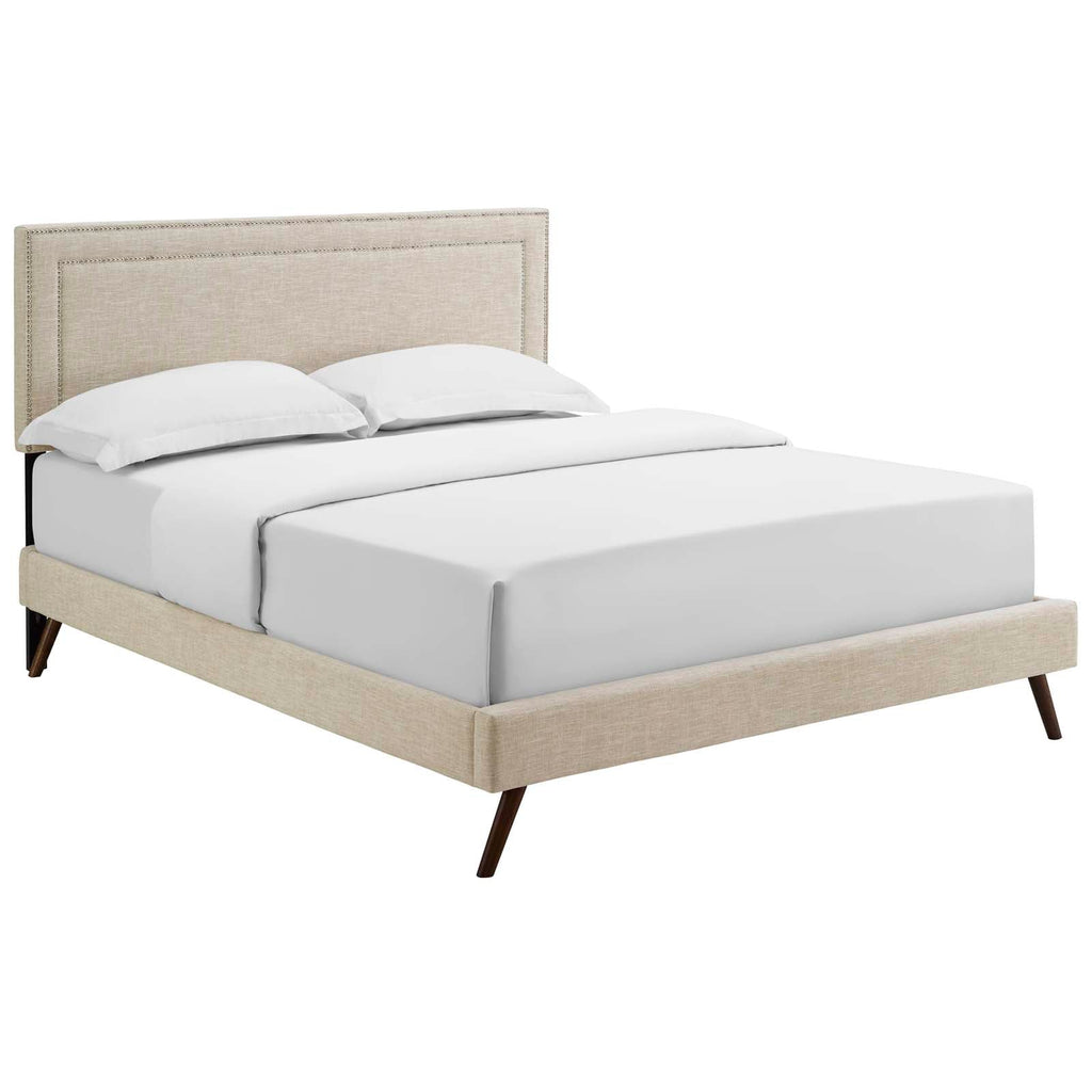 Virginia Queen Fabric Platform Bed with Round Splayed Legs in Beige