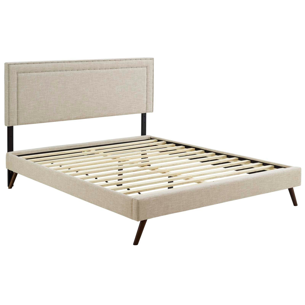 Virginia Queen Fabric Platform Bed with Round Splayed Legs in Beige