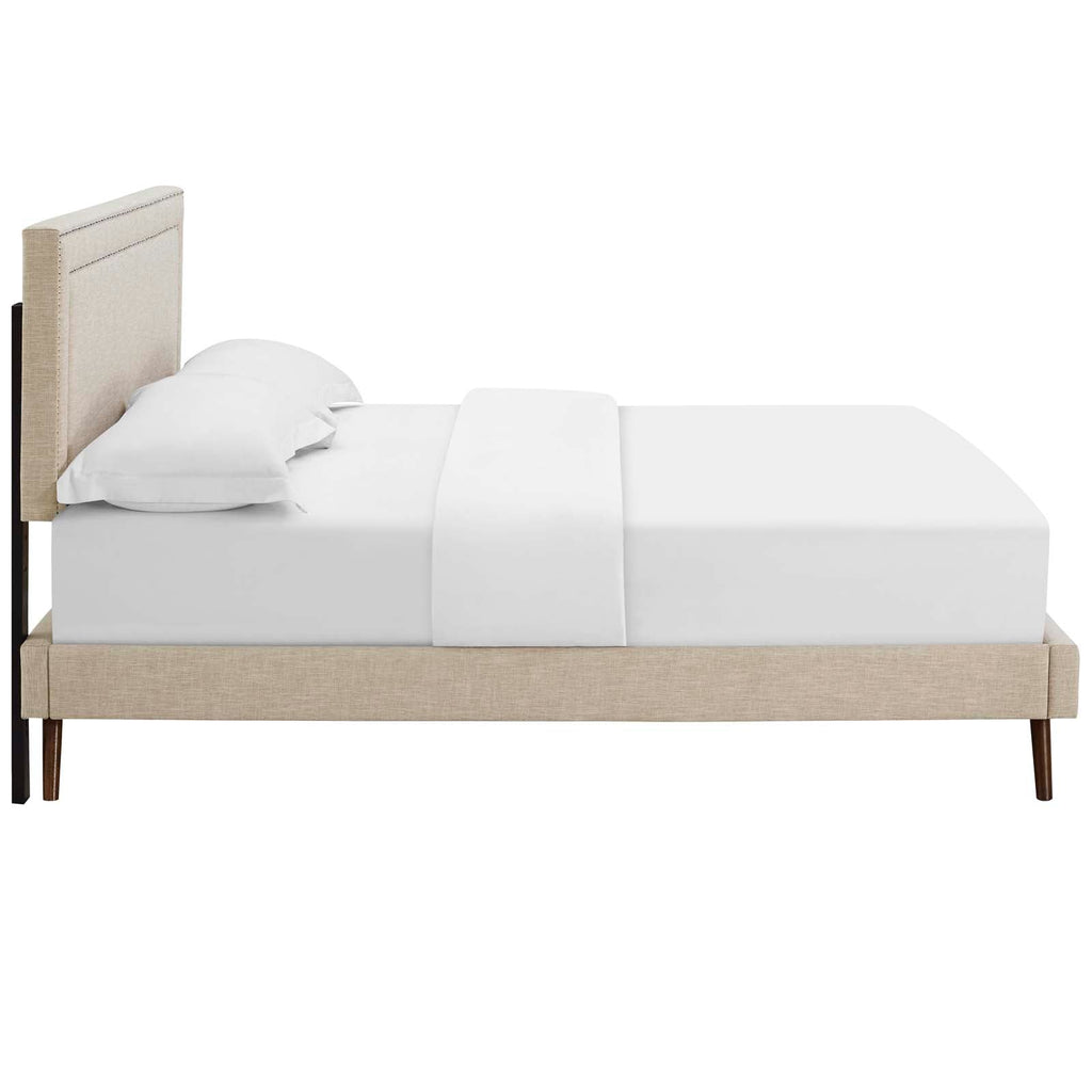 Virginia Queen Fabric Platform Bed with Round Splayed Legs in Beige