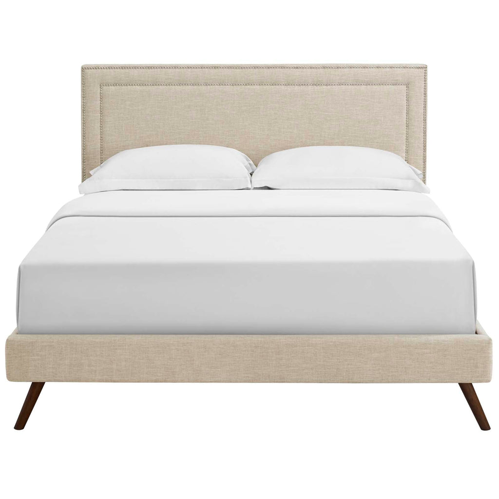 Virginia Queen Fabric Platform Bed with Round Splayed Legs in Beige