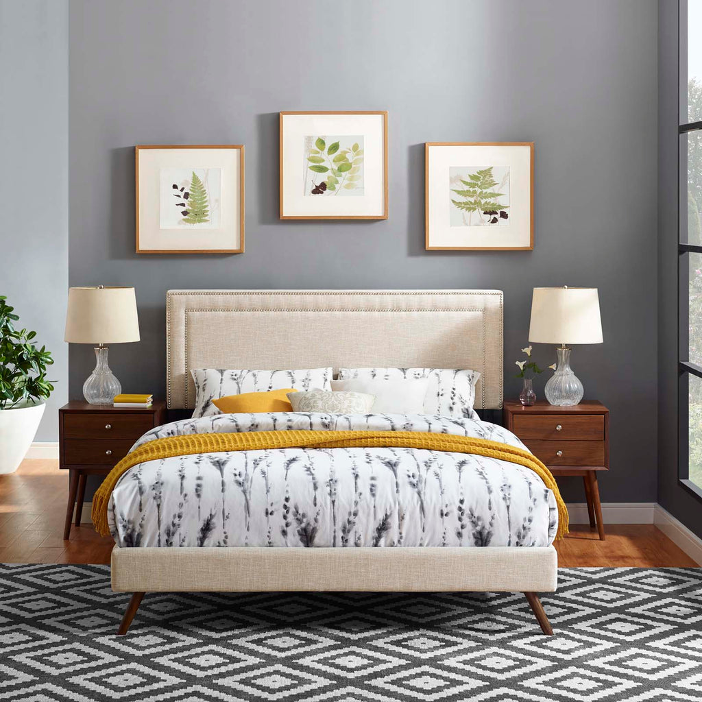 Virginia Queen Fabric Platform Bed with Round Splayed Legs in Beige