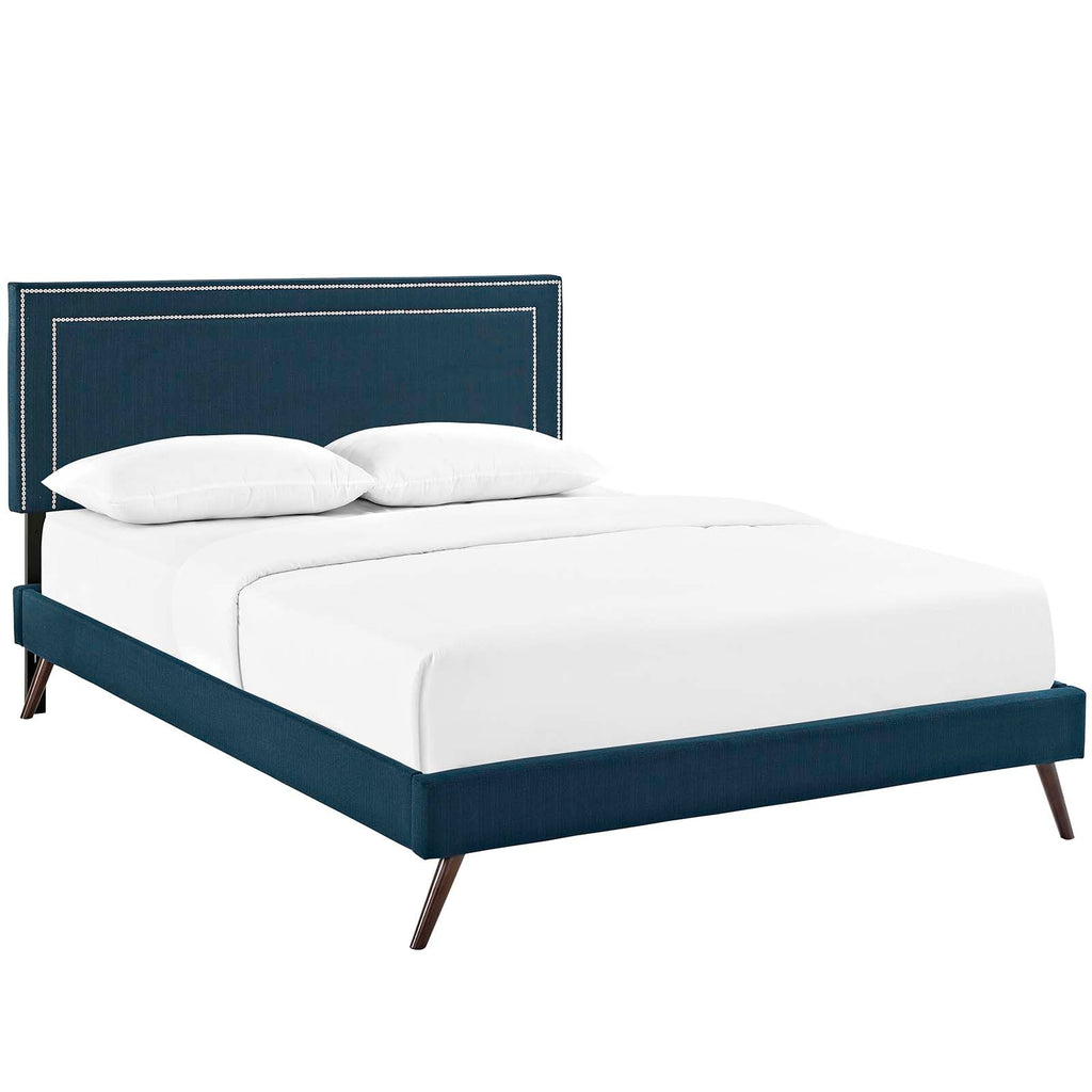 Virginia King Fabric Platform Bed with Round Splayed Legs in Azure
