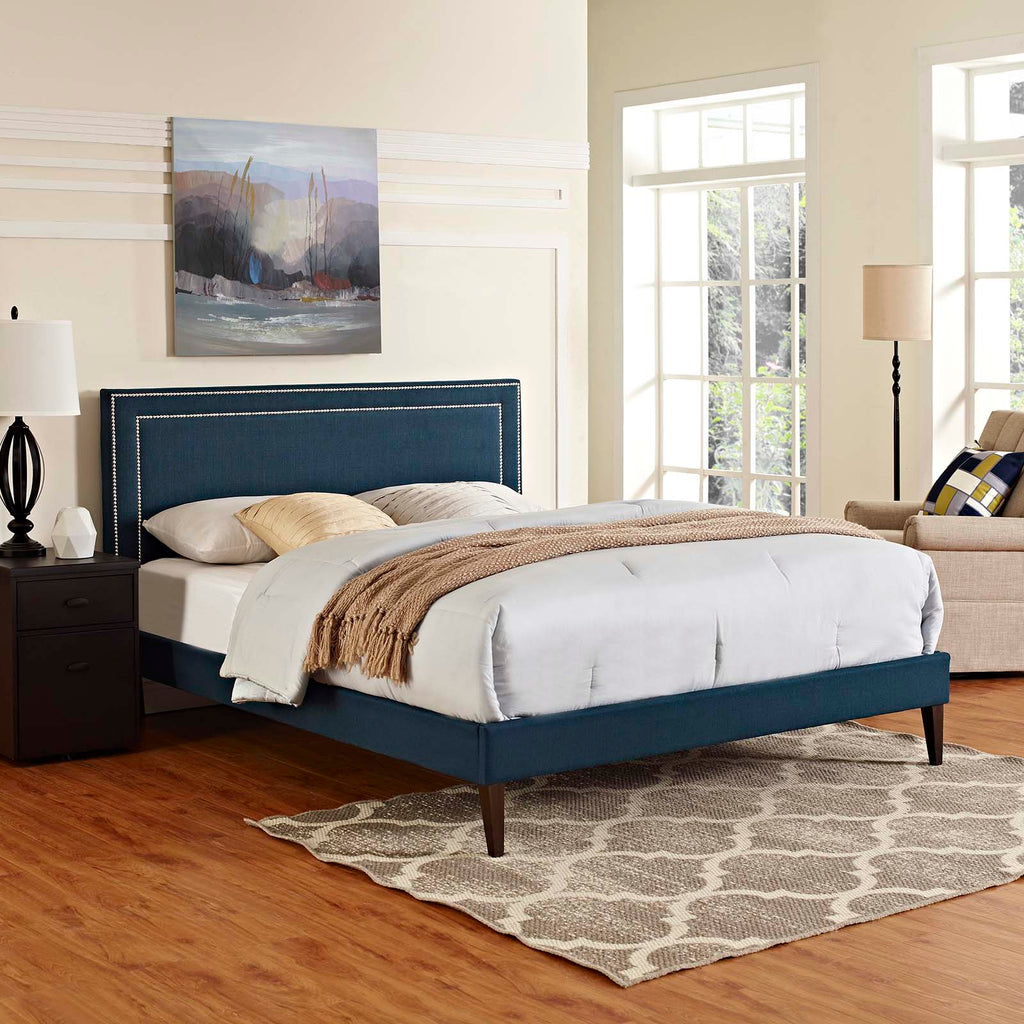 Virginia Queen Fabric Platform Bed with Squared Tapered Legs in Azure