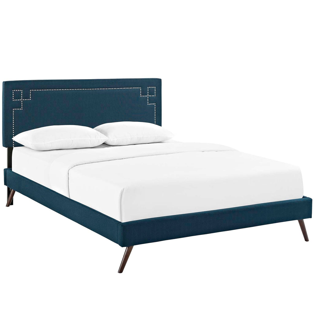 Ruthie King Fabric Platform Bed with Round Splayed Legs in Azure