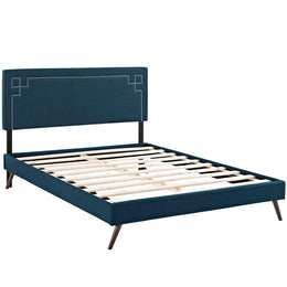 Ruthie King Fabric Platform Bed with Round Splayed Legs in Azure