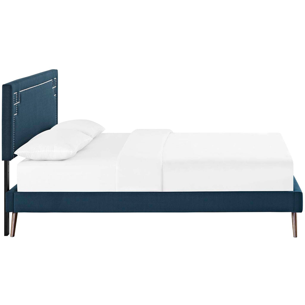 Ruthie King Fabric Platform Bed with Round Splayed Legs in Azure