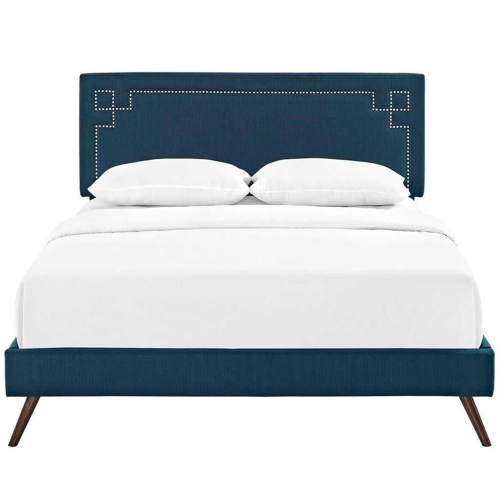 Ruthie King Fabric Platform Bed with Round Splayed Legs in Azure