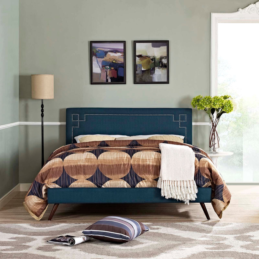 Ruthie King Fabric Platform Bed with Round Splayed Legs in Azure