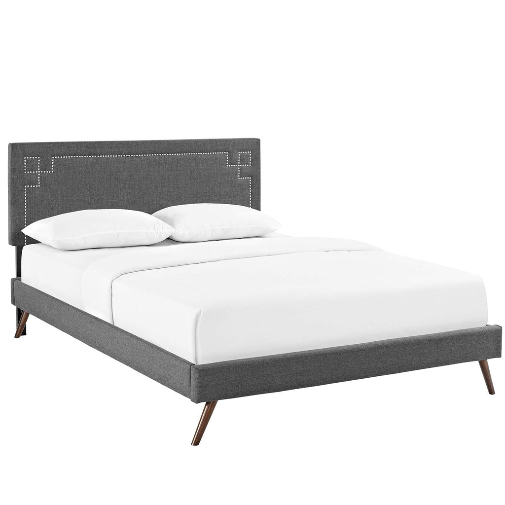 Ruthie King Fabric Platform Bed with Round Splayed Legs in Gray