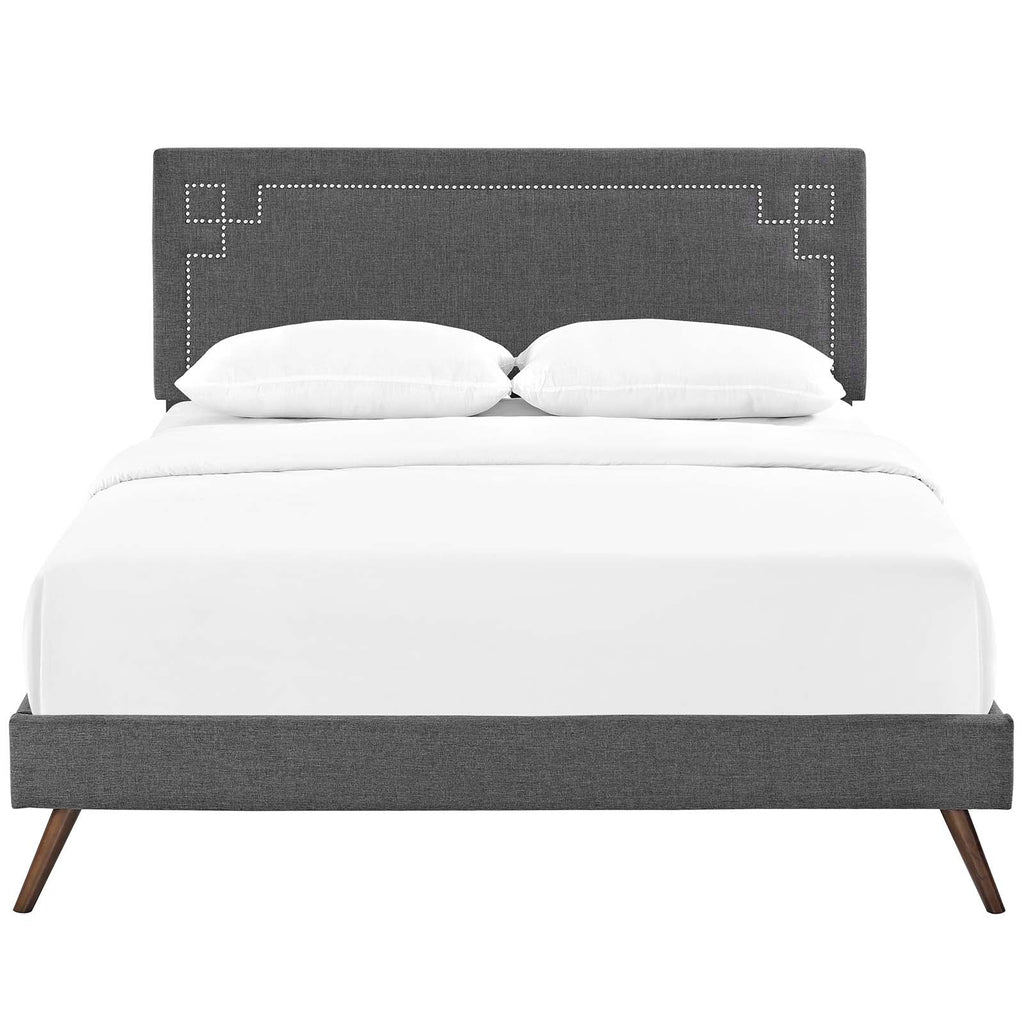 Ruthie King Fabric Platform Bed with Round Splayed Legs in Gray