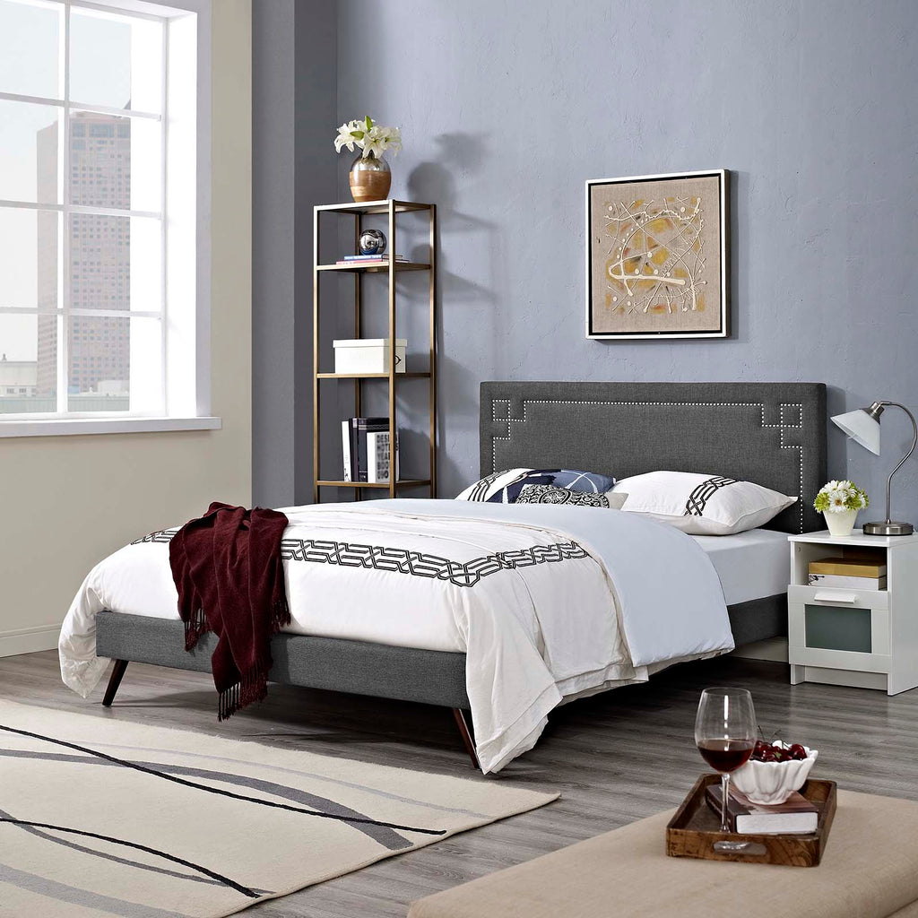 Ruthie King Fabric Platform Bed with Round Splayed Legs in Gray