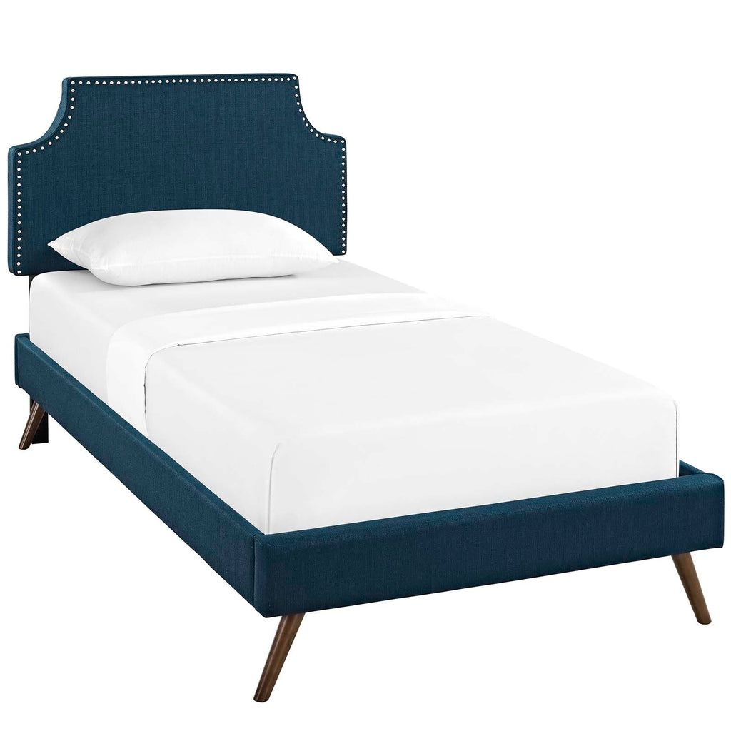 Corene Twin Fabric Platform Bed with Round Splayed Legs in Azure