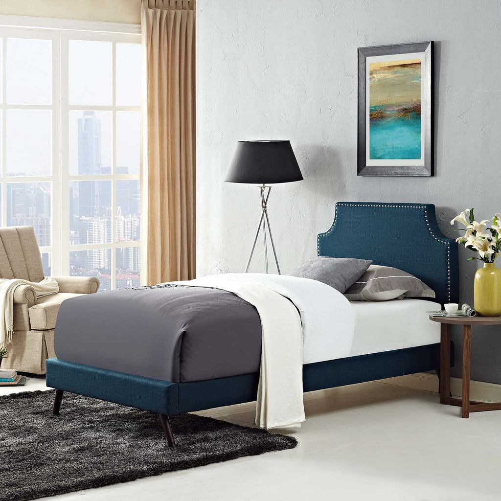 Corene Twin Fabric Platform Bed with Round Splayed Legs in Azure