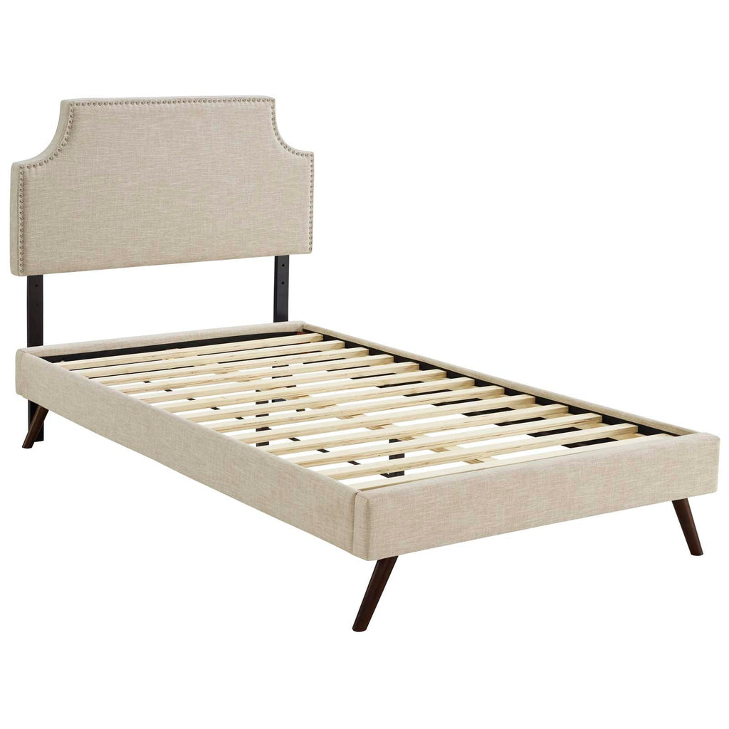 Corene Twin Fabric Platform Bed with Round Splayed Legs in Beige