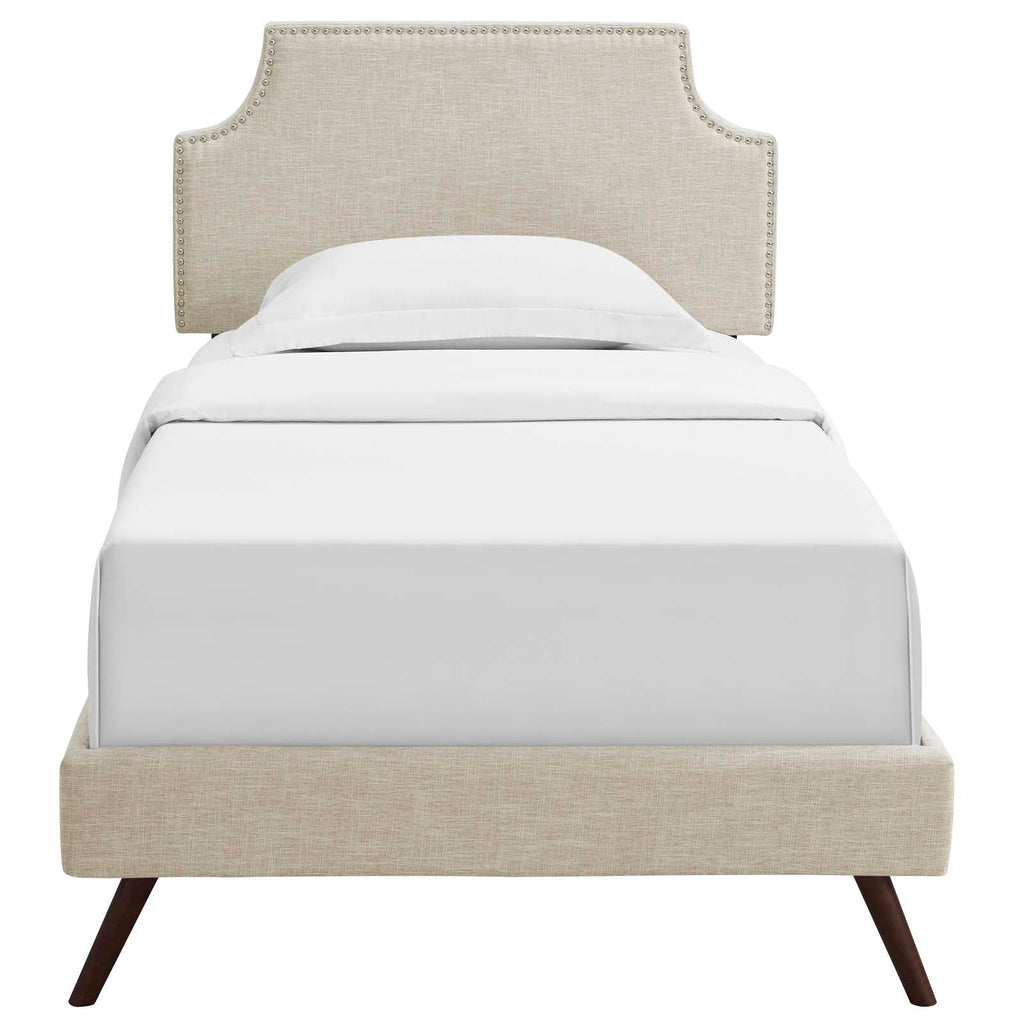 Corene Twin Fabric Platform Bed with Round Splayed Legs in Beige