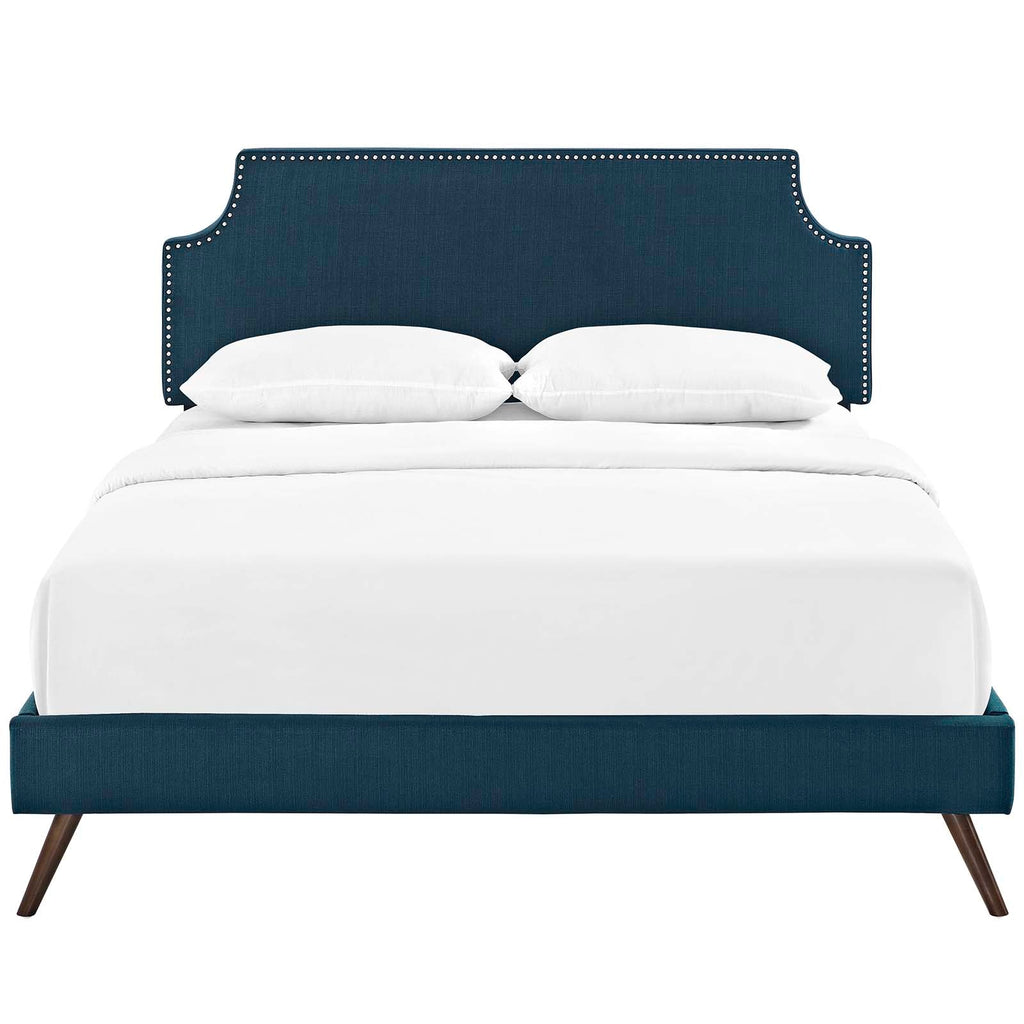 Corene Queen Fabric Platform Bed with Round Splayed Legs in Azure