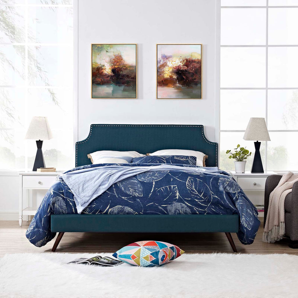 Corene Queen Fabric Platform Bed with Round Splayed Legs in Azure