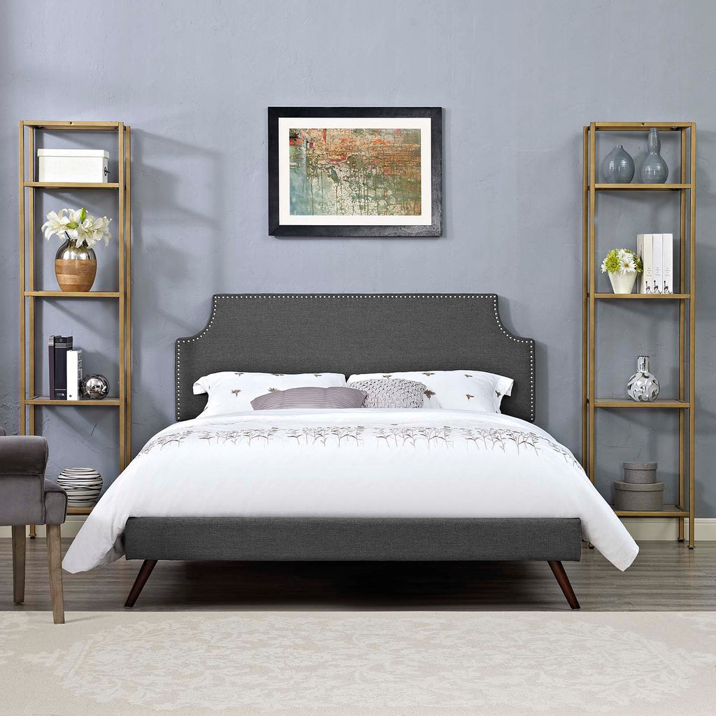 Corene Queen Fabric Platform Bed with Round Splayed Legs in Gray