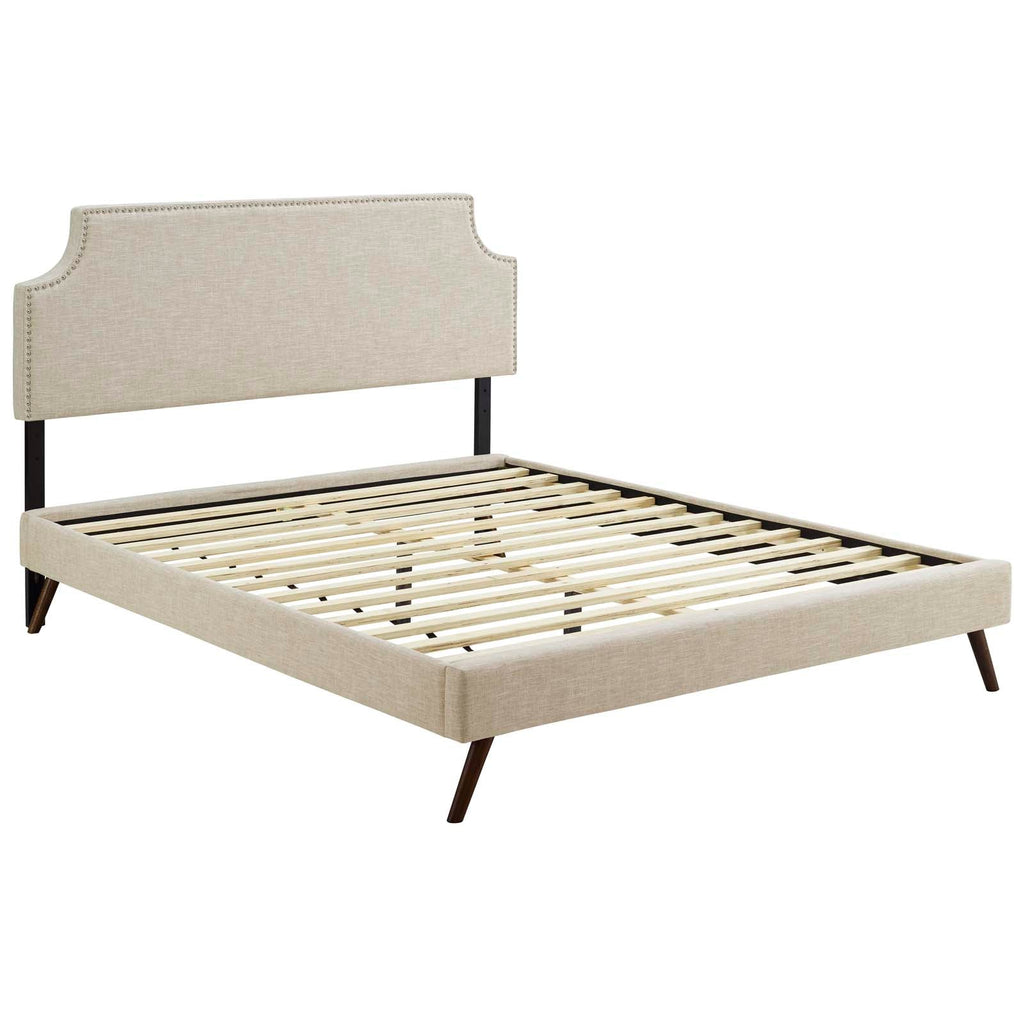 Corene King Fabric Platform Bed with Round Splayed Legs in Beige