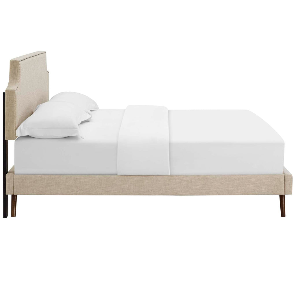 Corene King Fabric Platform Bed with Round Splayed Legs in Beige