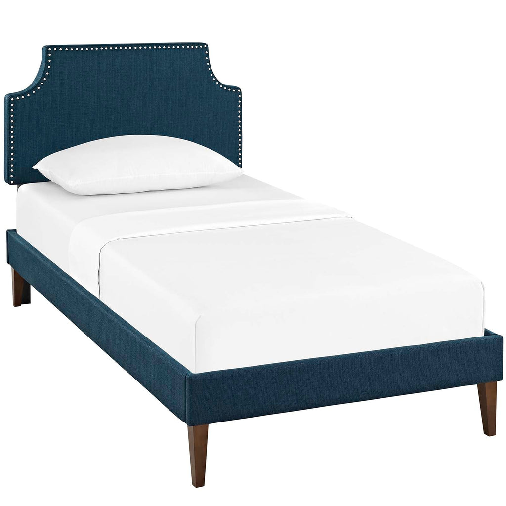 Corene Twin Fabric Platform Bed with Squared Tapered Legs in Azure