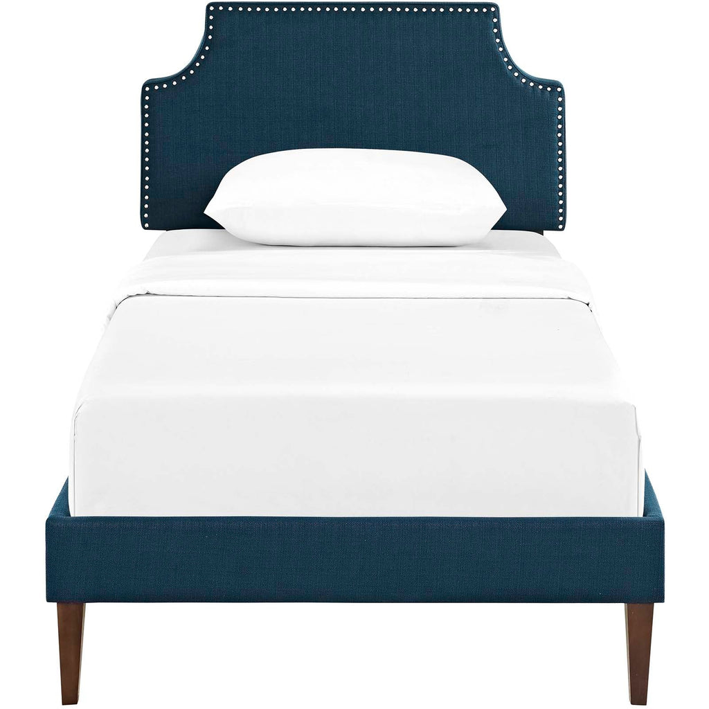 Corene Twin Fabric Platform Bed with Squared Tapered Legs in Azure