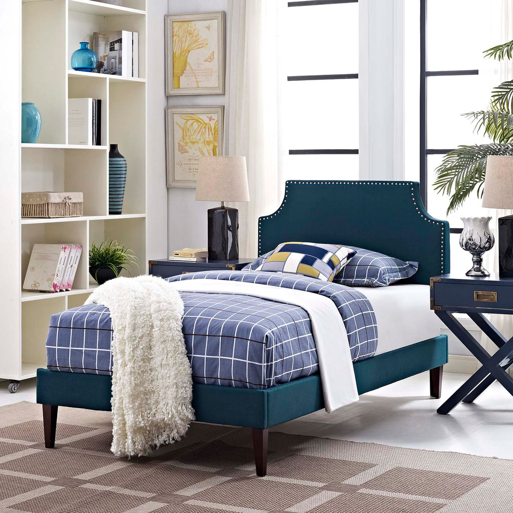 Corene Twin Fabric Platform Bed with Squared Tapered Legs in Azure