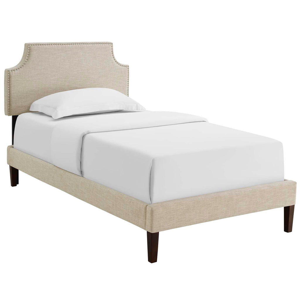 Corene Twin Fabric Platform Bed with Squared Tapered Legs in Beige