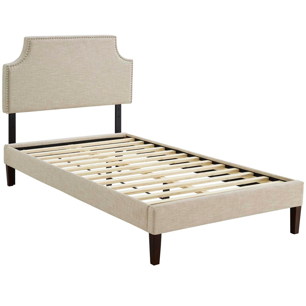 Corene Twin Fabric Platform Bed with Squared Tapered Legs in Beige