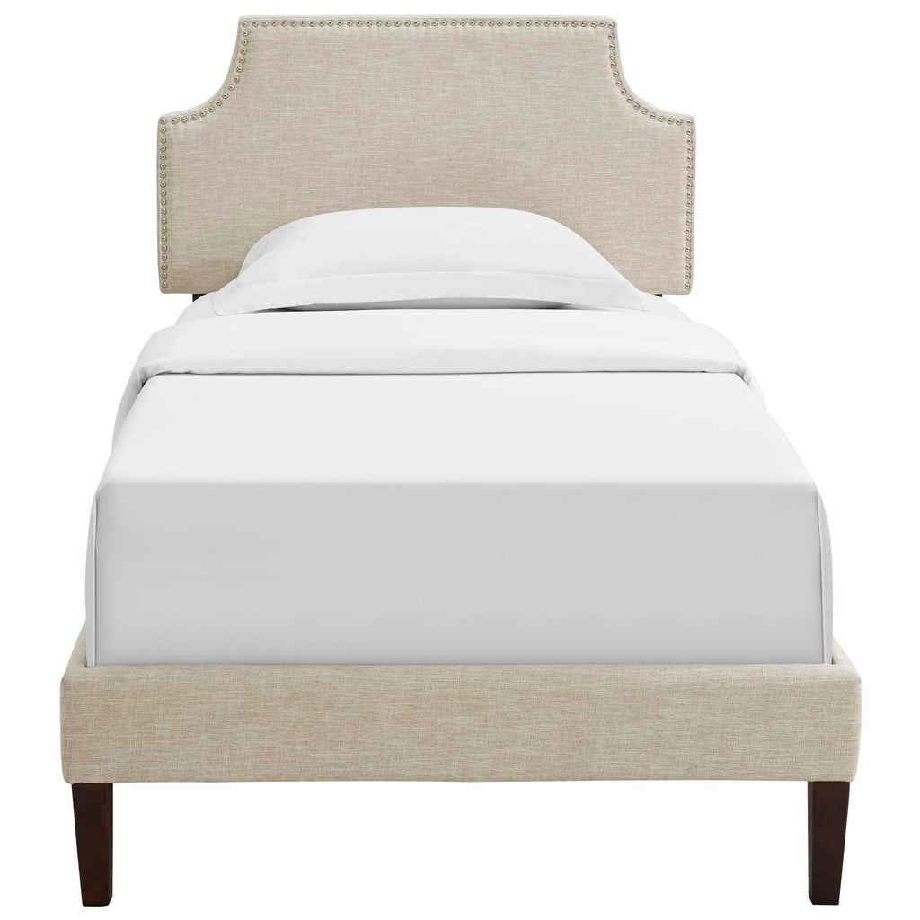 Corene Twin Fabric Platform Bed with Squared Tapered Legs in Beige