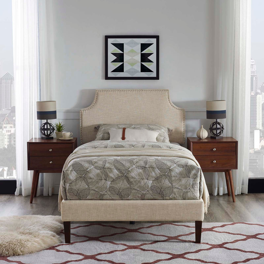 Corene Twin Fabric Platform Bed with Squared Tapered Legs in Beige