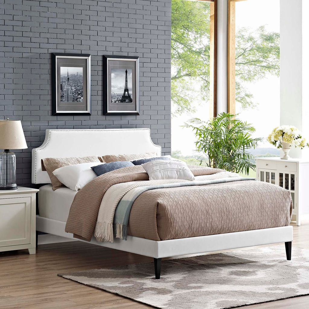 Corene King Vinyl Platform Bed with Squared Tapered Legs in White