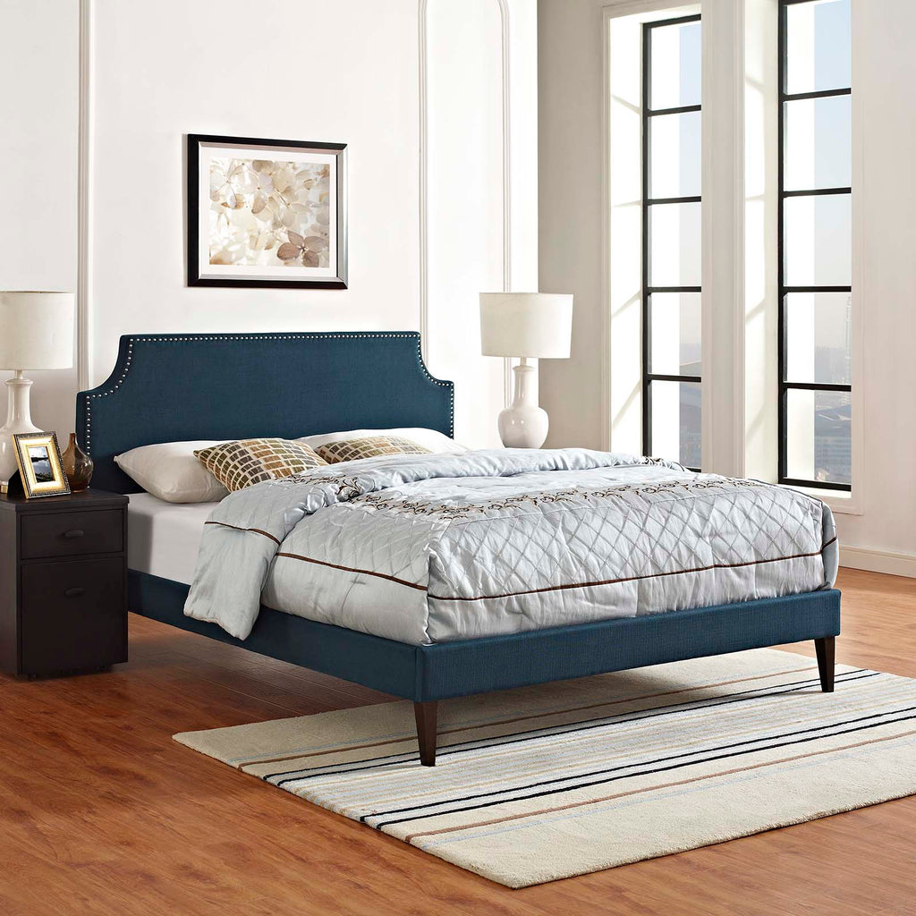 Corene King Fabric Platform Bed with Squared Tapered Legs in Azure