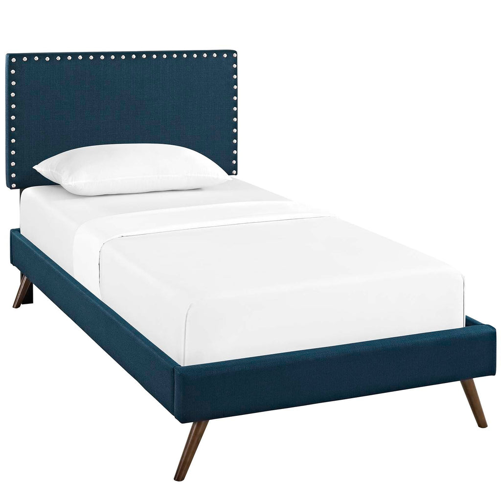 Macie Twin Fabric Platform Bed with Round Splayed Legs in Azure