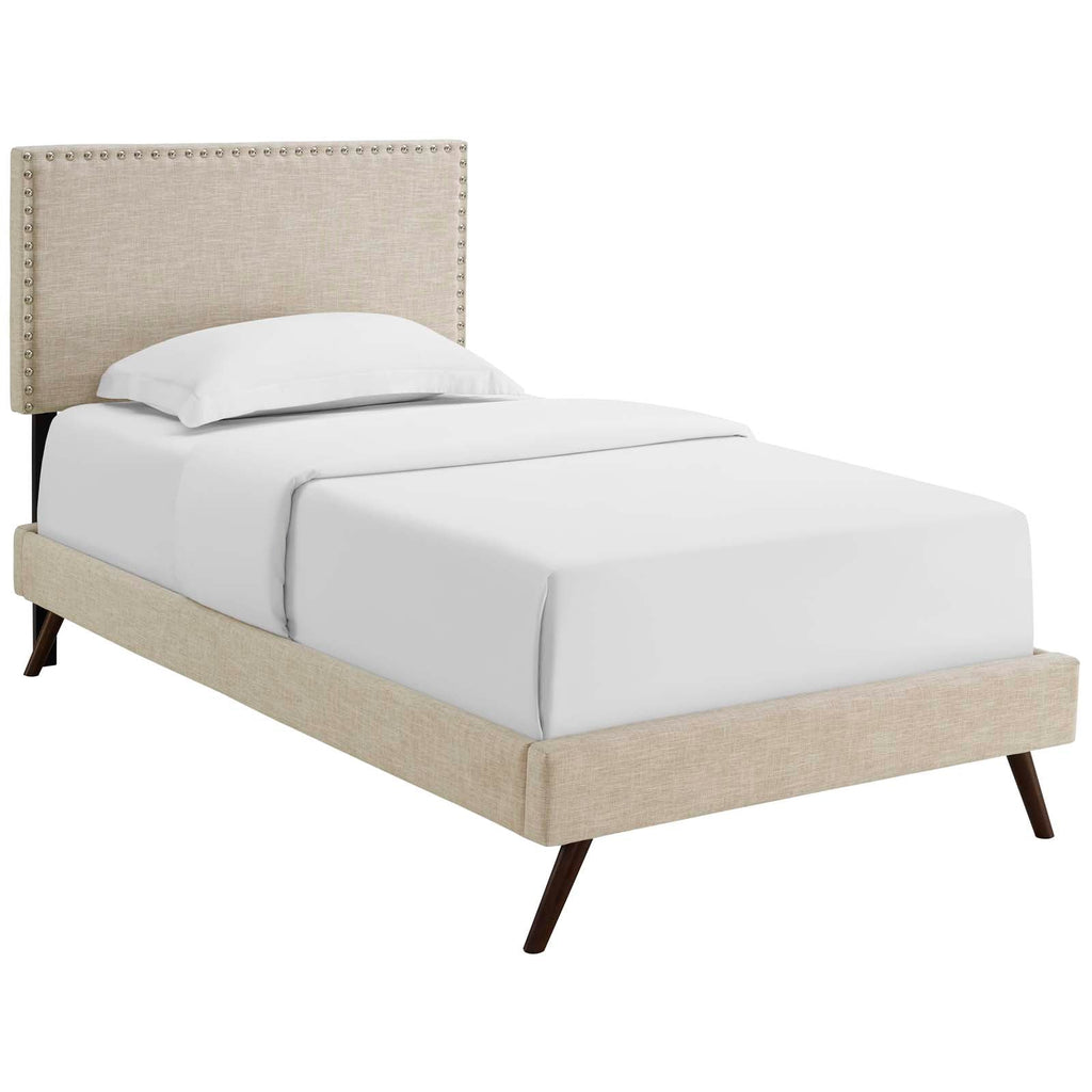 Macie Twin Fabric Platform Bed with Round Splayed Legs in Beige