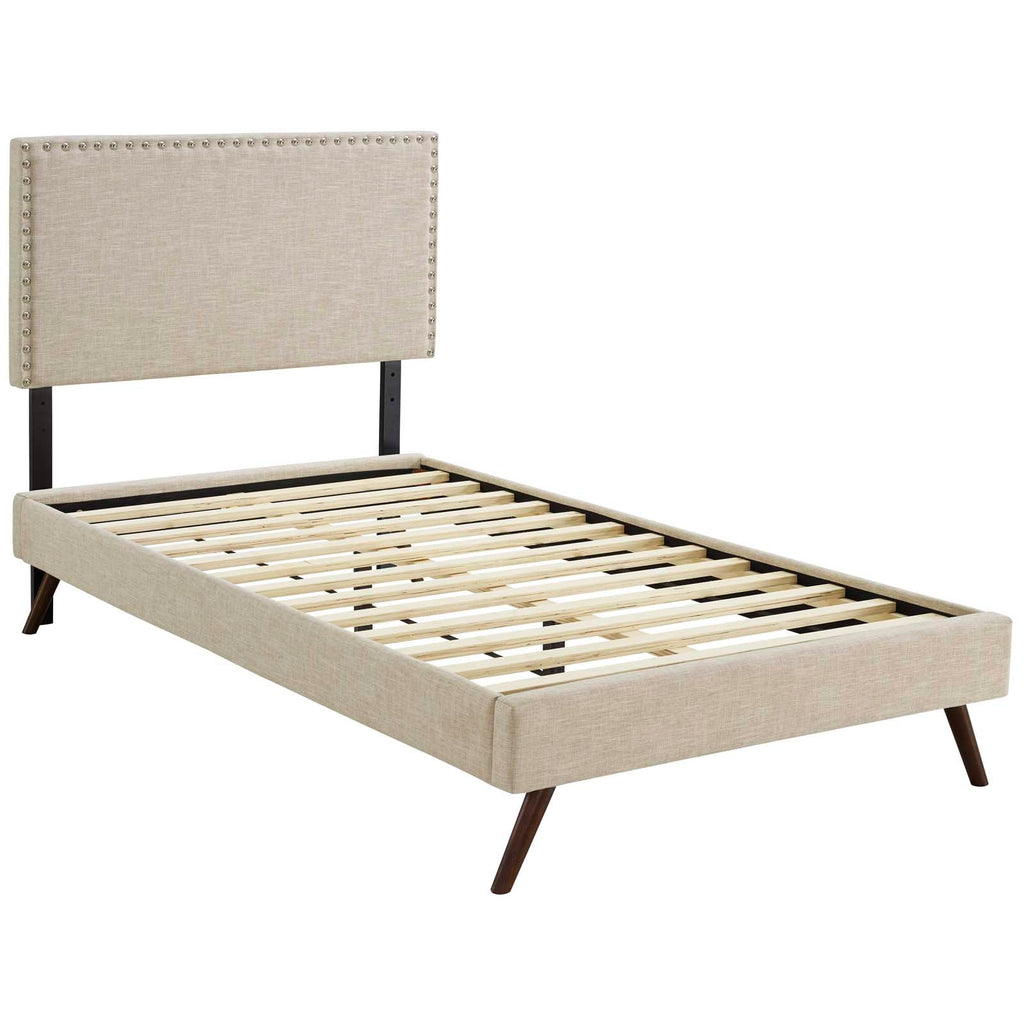 Macie Twin Fabric Platform Bed with Round Splayed Legs in Beige