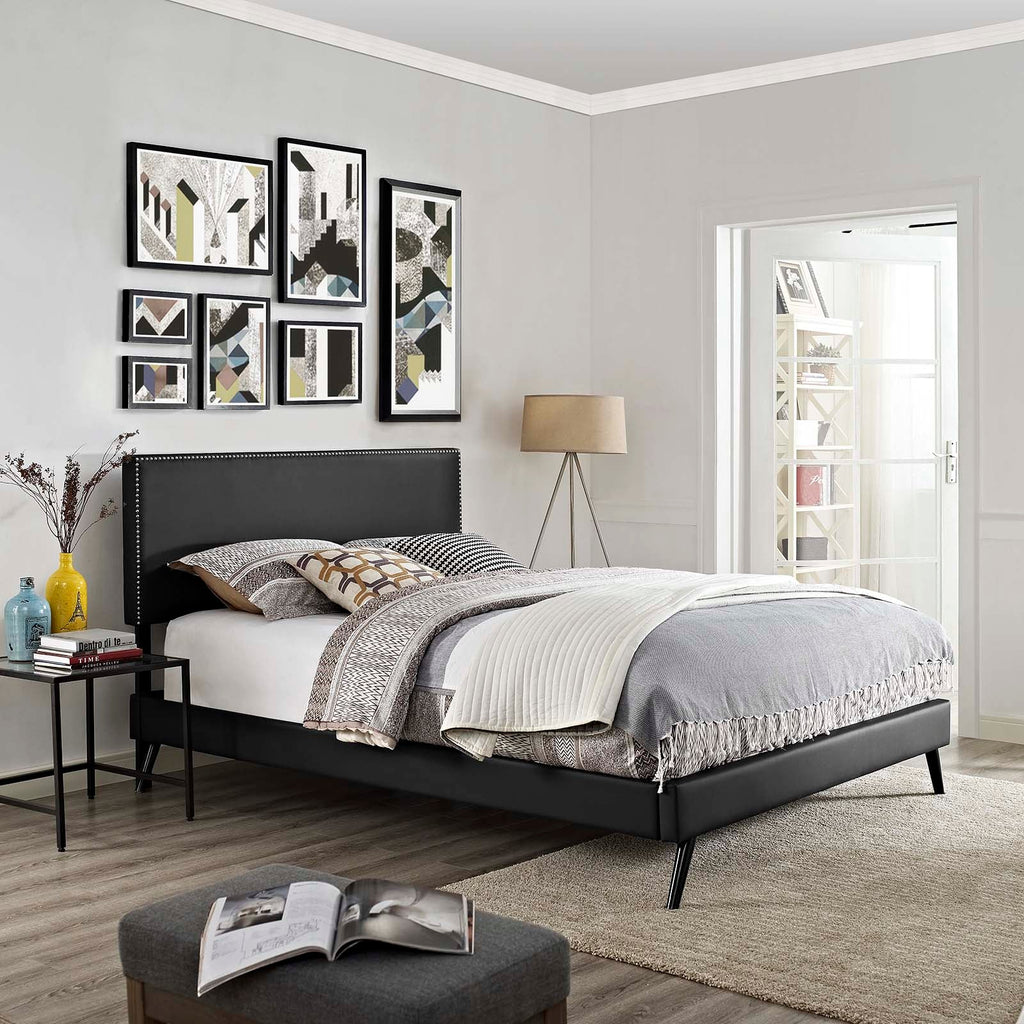 Macie Full Vinyl Platform Bed with Round Splayed Legs in Black