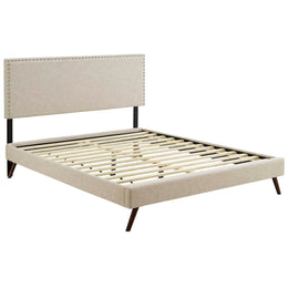 Macie King Fabric Platform Bed with Round Splayed Legs in Beige