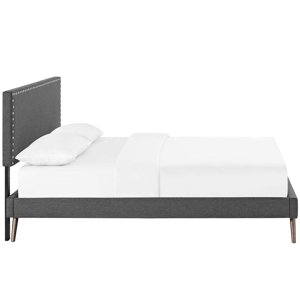 Macie King Fabric Platform Bed with Round Splayed Legs in Gray