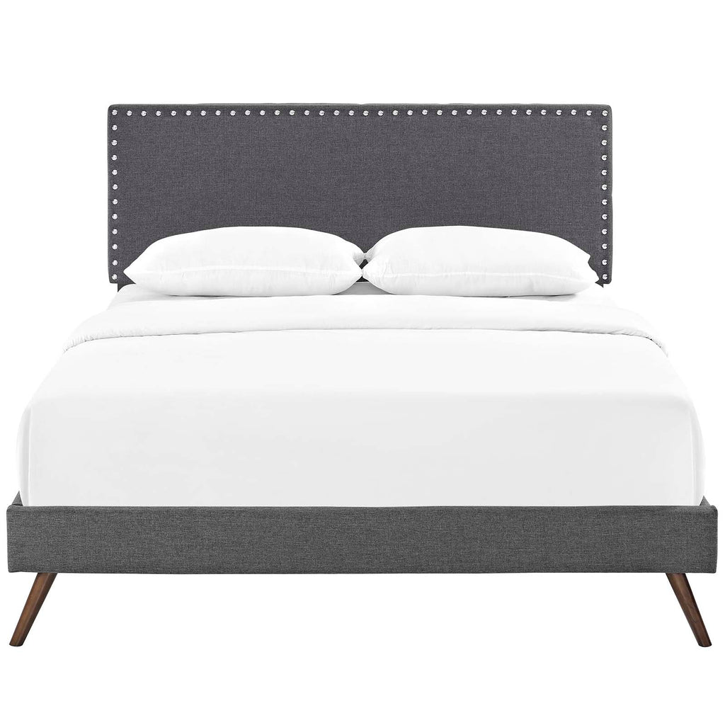 Macie King Fabric Platform Bed with Round Splayed Legs in Gray