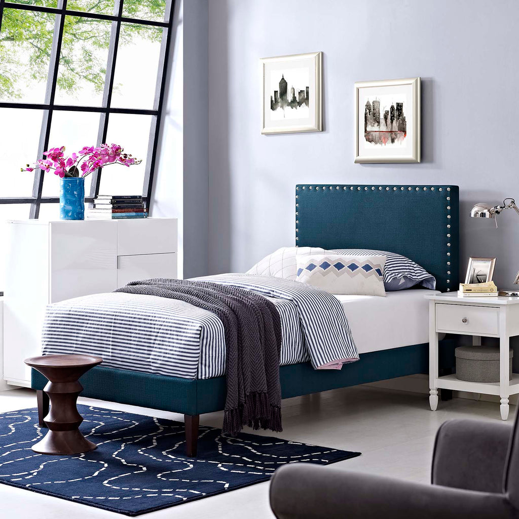 Macie Twin Fabric Platform Bed with Squared Tapered Legs in Azure
